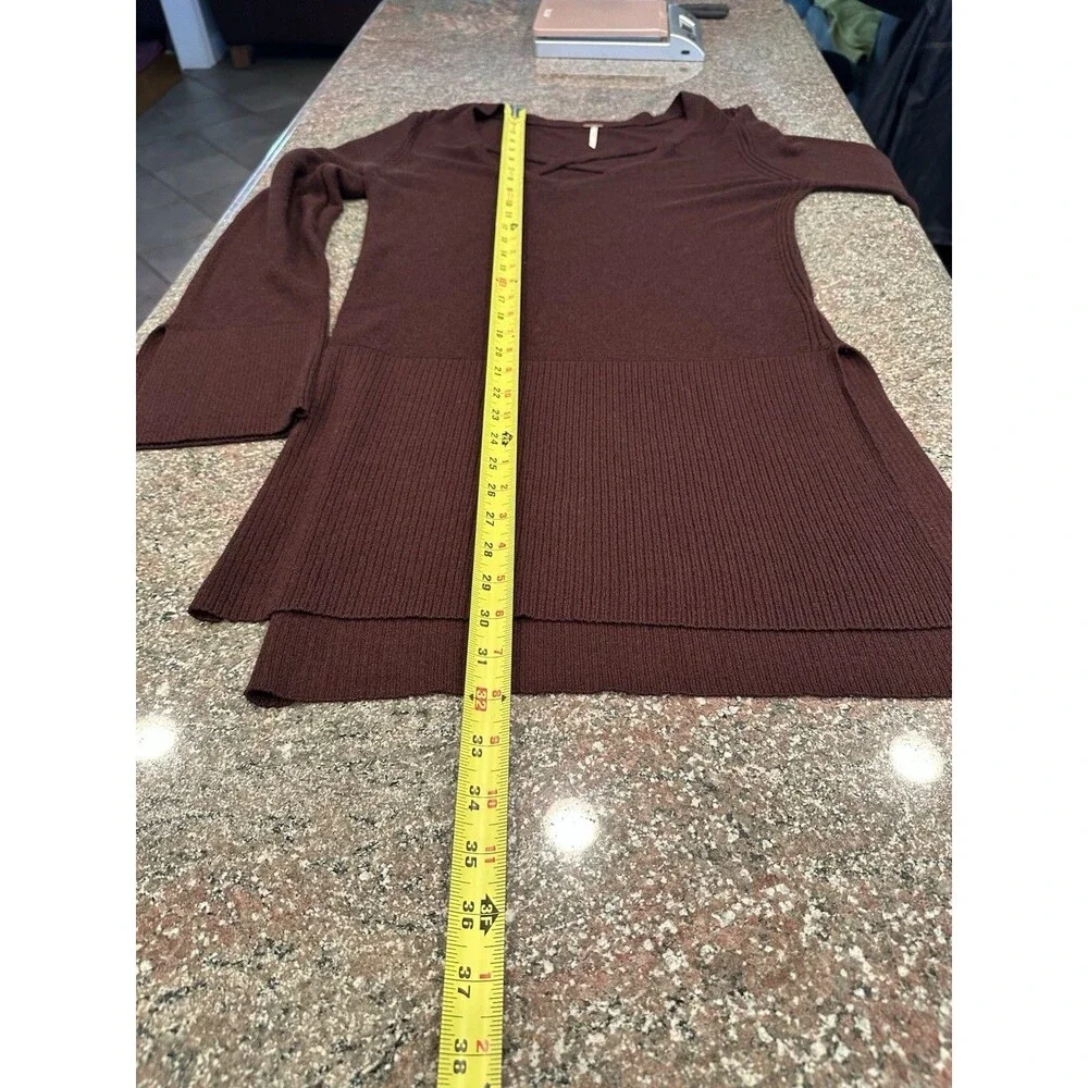 FREE PEOPLE ‎ Brown Cross V Neck, Bell/Long Sleeve Tunic Vented Sweater Size S/P